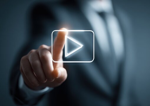 Professional touching a digital media play button projection for business content streaming services with streaming interface interaction business technology hologram multimedia activation