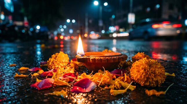 Diwali celebration illuminated clay lamp with marigolds on wet city street at night