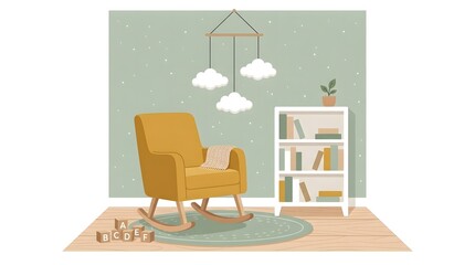 Fototapeta premium Cozy modern living room with yellow armchair and bookshelf.