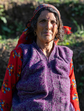 A close-up portrait of a Pahari senior woman from Himachal Pradesh looking at the camera, dressed in traditional clothing, including knitted vest, with a headscarf (dhatu).