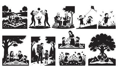 Fototapeta premium Collection of black silhouettes depicting families enjoying outdoor activities, picnics, playing with kites, walking in nature, and spending time together in a park setting