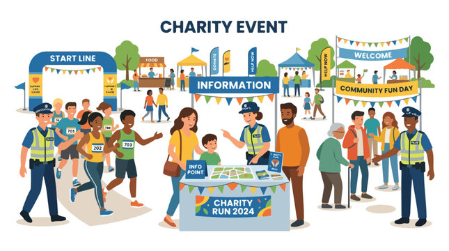 People gathered at a charity event information booth and start line.