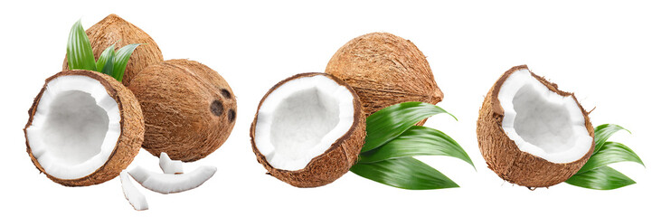 Obraz premium Set of coconut compositions with leaves, isolated on transparent cutout background