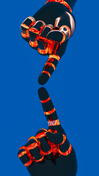 Robotic hands connect against a blue background in a technology scene