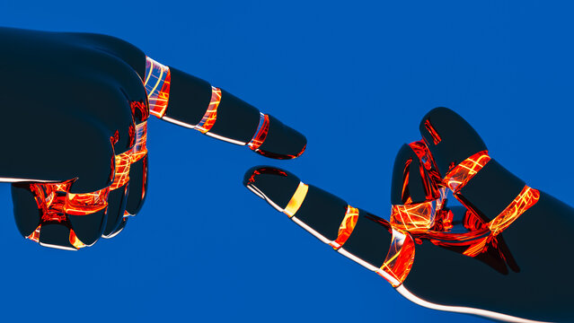 Robotic hands connect against a blue background in a technology scene