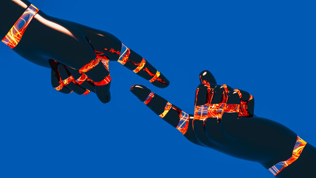 Robotic hands connect against a blue background in a technology scene