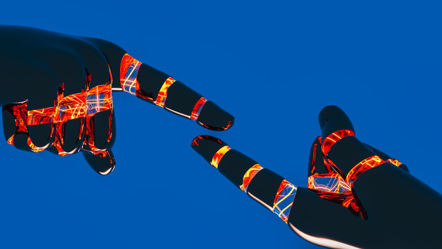 Robotic hands connect against a blue background in a technology scene