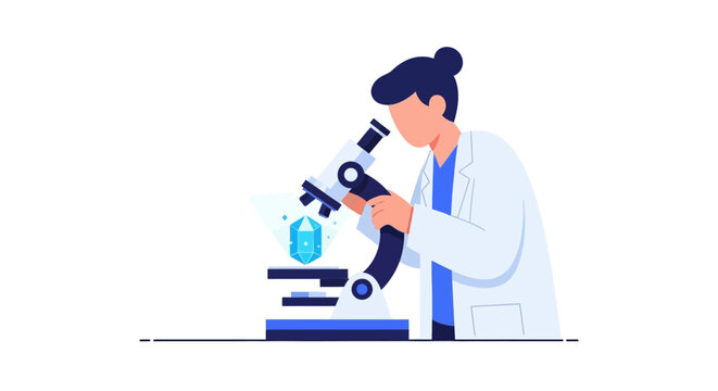 Female scientist in lab coat researching a crystal sample under a microscope, flat vector illustration for science, technology, and STEM concepts.