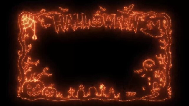 Glowing Halloween Frame With Jack O'Lanterns, Haunted House Silhouettes and Spooky Pumpkin Border. Ideal for party invites, seasonal designs, posters, social media and Etc