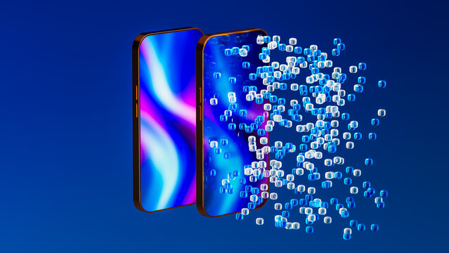 Smartphone with digital particles in a tech environment