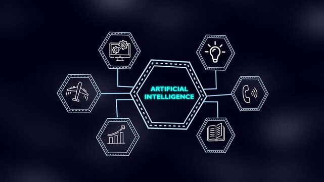 Artificial Intelligence Technology Concept Infographic with Glowing Hexagon Icons Animation