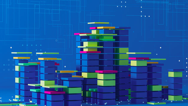 Bright data city with colorful blocks on a blue background