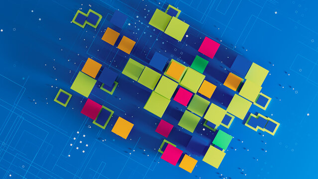 Bright data city with colorful blocks on a blue background