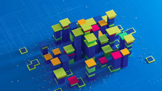 Bright data city with colorful blocks on a blue background