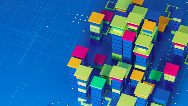 Bright data city with colorful blocks on a blue background