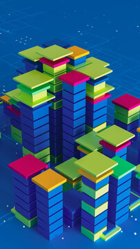 Bright data city with colorful blocks on a blue background