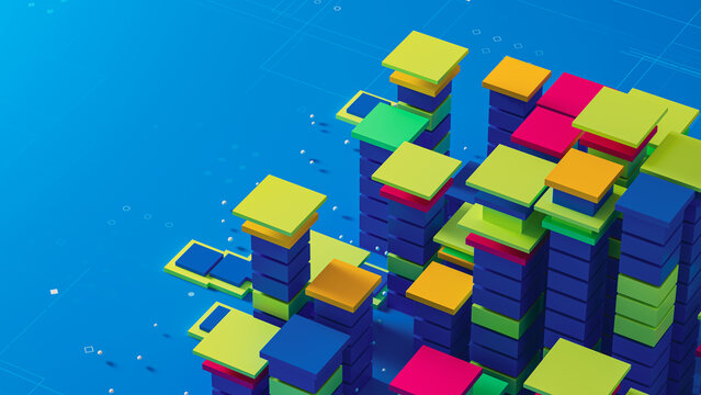 Bright data city with colorful blocks on a blue background