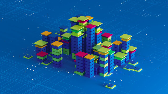 Bright data city with colorful blocks on a blue background