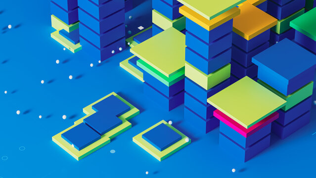 Bright data city with colorful blocks on a blue background