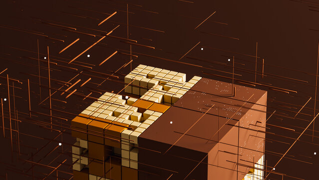 Cubes create a tech and data network on a brown background