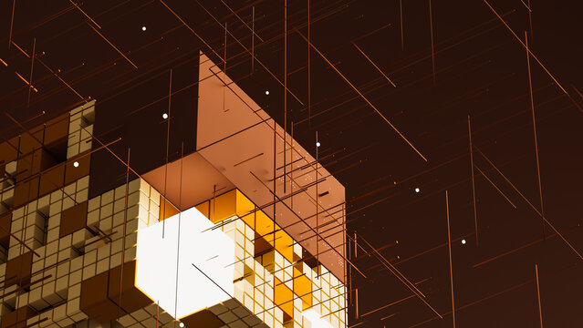 Cubes create a tech and data network on a brown background