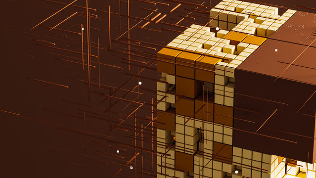 Cubes create a tech and data network on a brown background
