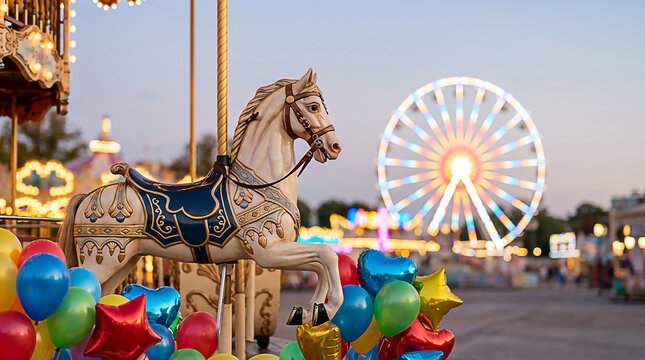 Celebrate National Merry-Go-Round Day with a classic carouse at the carnival featuring a beautiful vintage carousel horse adorned with festive bright balloons
