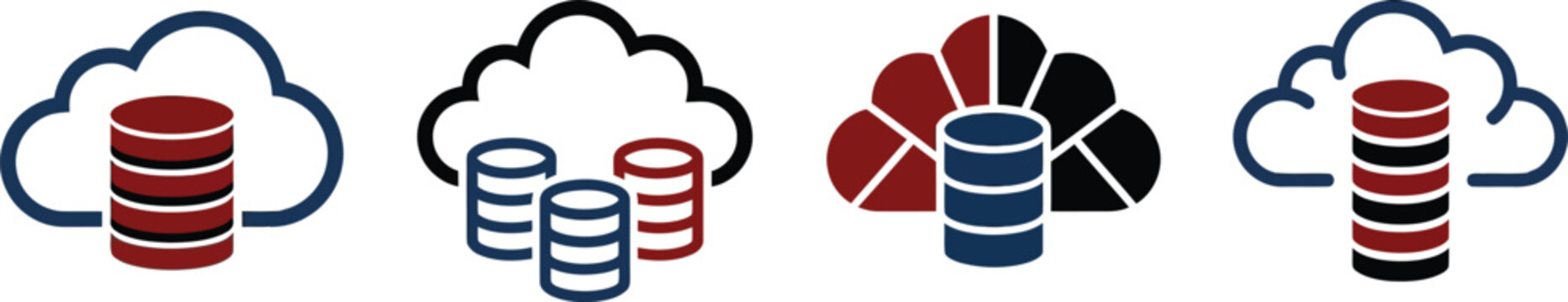 Collection of cloud storage database icons for digital data management and internet computing