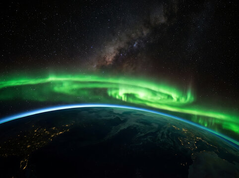 Breathtaking view of the aurora borealis glowing above the curved horizon of planet Earth from space.
