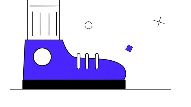 Blue sneaker shoe kicking a small floating square icon in flat line art animation style, depicting first step