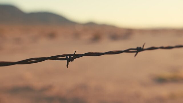 Barbed wire fence in a dry desert landscape
