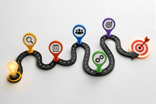 Winding road from glowing light bulb to target dart with milestone icons. Concept of business strategy planning and project management roadmap.