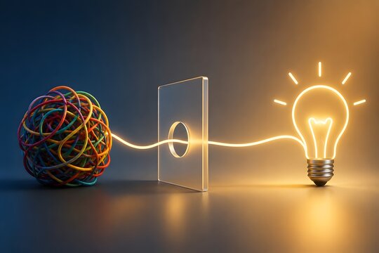 Tangled wire knot passing through glass barrier into glowing light bulb. Concept of problem solving simplification and workflow optimization.