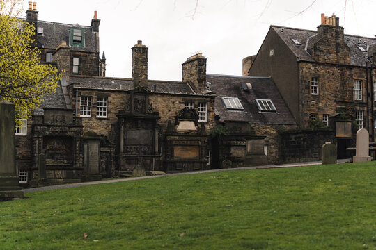 Historic Greyfriars Kirkyard tombs and Old Town buildings