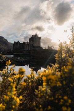 Eilean Donan Castle at sunset in the Scottish Highlands