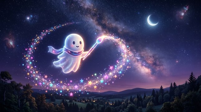 Cute ghost floating in twilight sky, creating magical star trails over a serene mountain landscape under a crescent moon