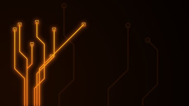 Glowing orange circuit board lines creating a digital connection tree pattern in this modern abstract technological motion video animation clip