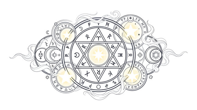 Esoteric mystical circle with runes and hexagram symbol