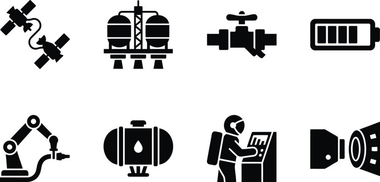 In-Situ Resource Utilization and Space Industry Icon Set - ISRU, Asteroid Mining, Fuel Production, and Extraterrestrial Engineering Symbols for Aerospace and Technology Sector