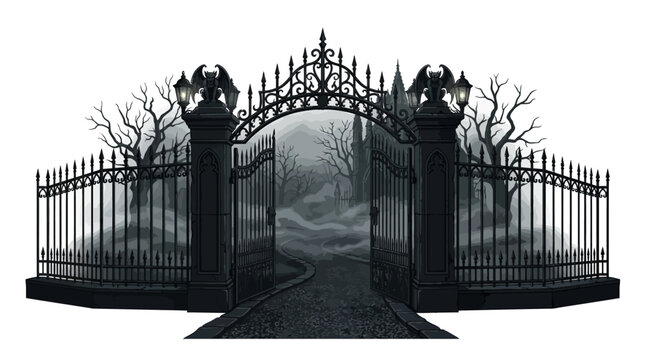 Spooky iron cemetery gate opening to a foggy forest