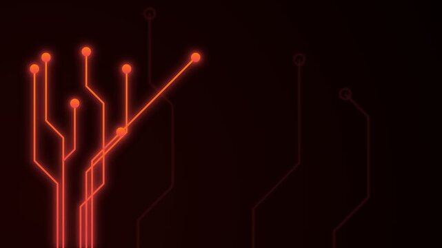 Glowing orange circuit board lines forming a tree structure on a dark background for digital technology motion video footage animation