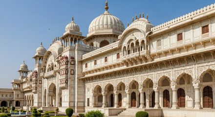 Obraz premium Majestic white marble palace with domes and intricate carvings against a clear blue sky