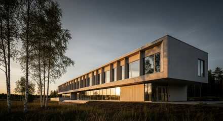 Fototapeta premium Modern architecture building at sunset, contemporary design, minimalist style, natural light