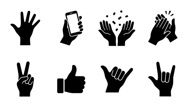 Diverse Hand Gestures Vector Icons: Communication, Approval, Celebration, Technology, Rock On