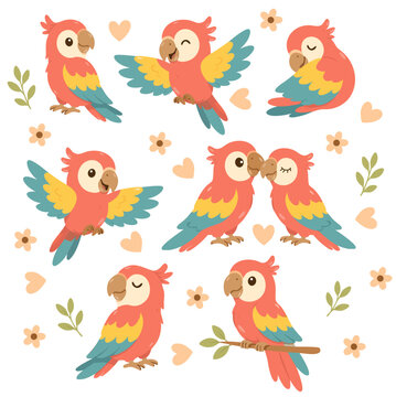 Cute Cartoon Parrot Collection &ndash; Colorful Tropical Bird Set in Flat Style