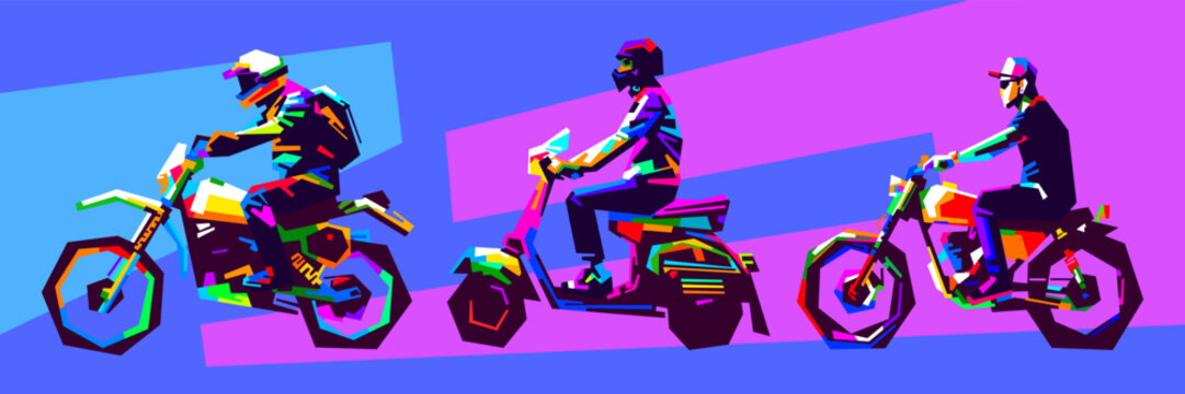 Collection of vibrant vector illustrations of motorcyclists in action in WPAP pop art style, featuring a horizontal banner template with colorful geometric designs.