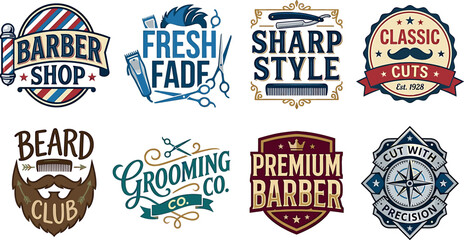 Barber shop vintage typography vector labels set with grooming company fresh fade beard club and premium cuts emblems © ALOMGIR
