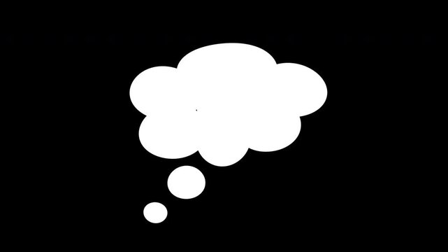 Thinking cartoon cloud. Ideal for websites, social media graphics, presentations. Depicts a white cloud bubble on black background symbolizing mental thought. Suitable for various design projects.