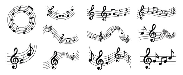 Music notes wave set, flowing musical staff lines with notes and clefs in dynamic circular spiral shapes for elegant vector compositions © vision Alamin vai A