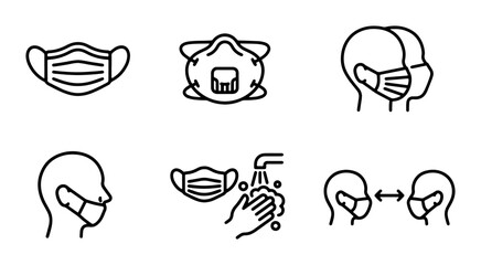 Fototapeta premium Face Mask Icons Set: Protection, Hygiene, Social Distancing, Medical, Health, Safety, Virus Prevention